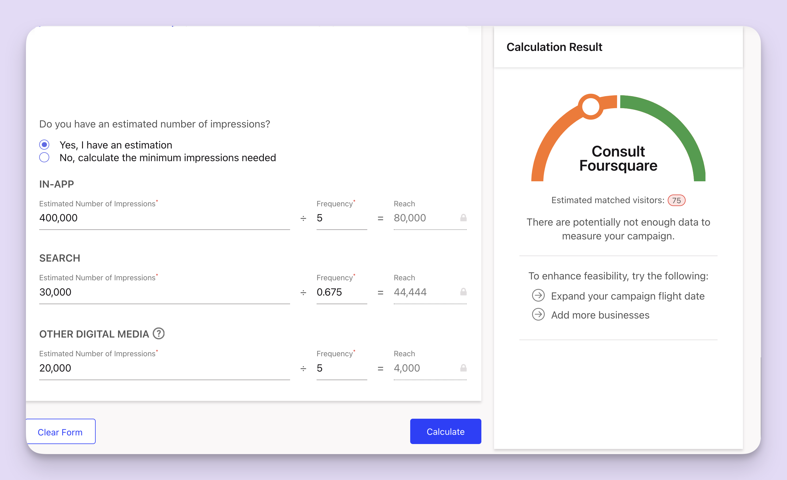 Feasibility score generated, showing poor results.