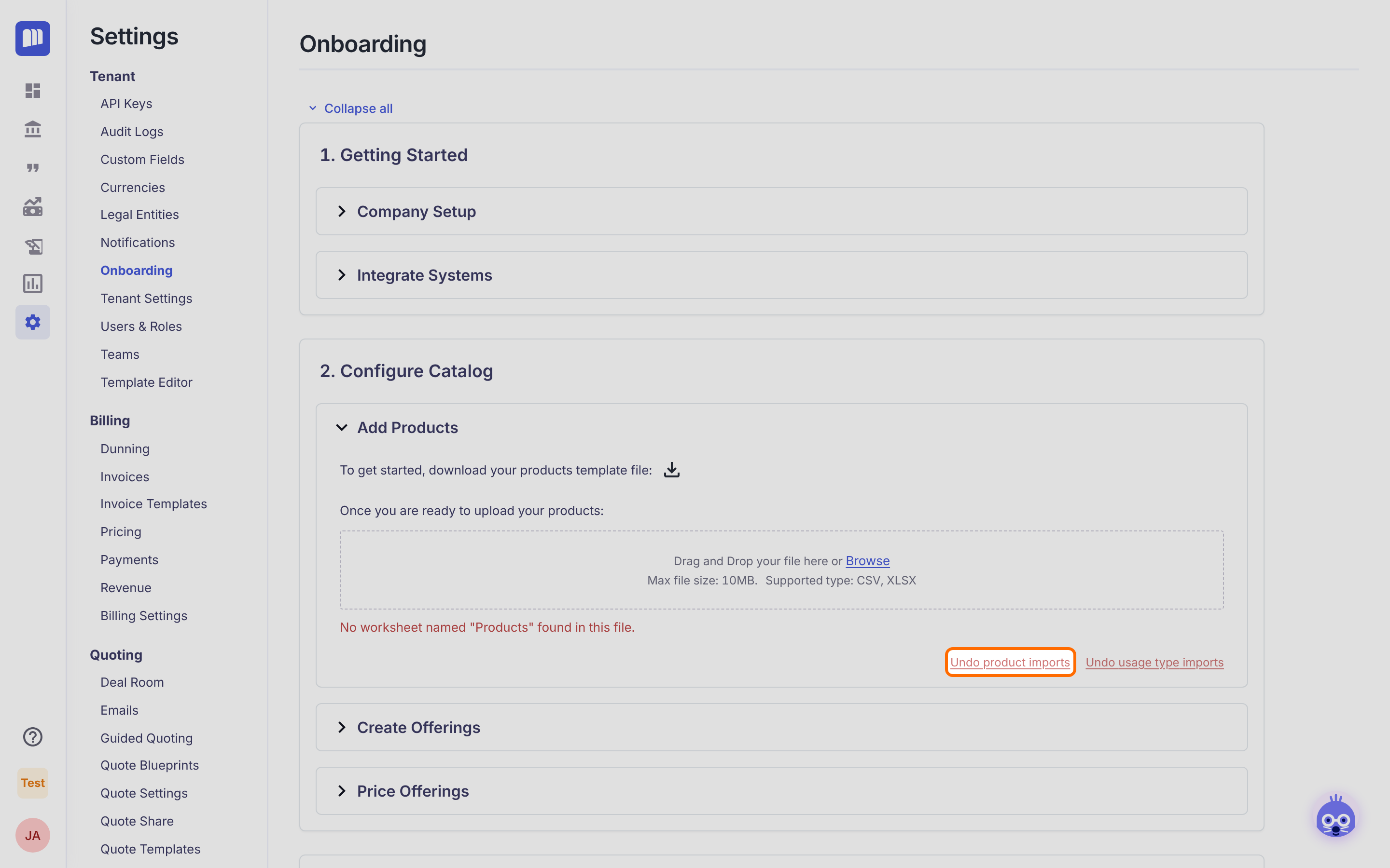 Undo product imports link highlighted