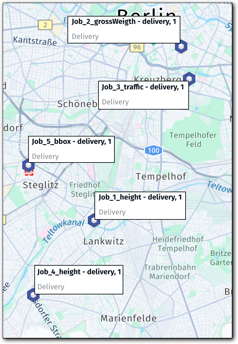 Job locations and routing constraints before optimization