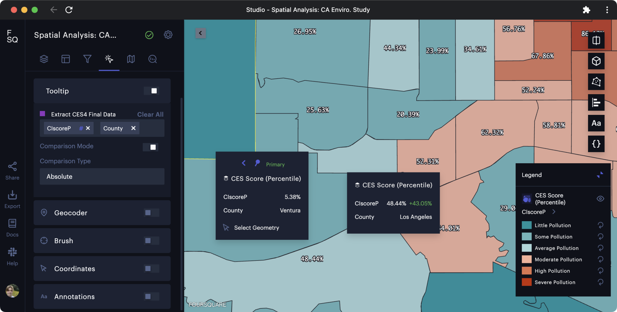 Evaluating data via two tooltips with comparison mode enabled.