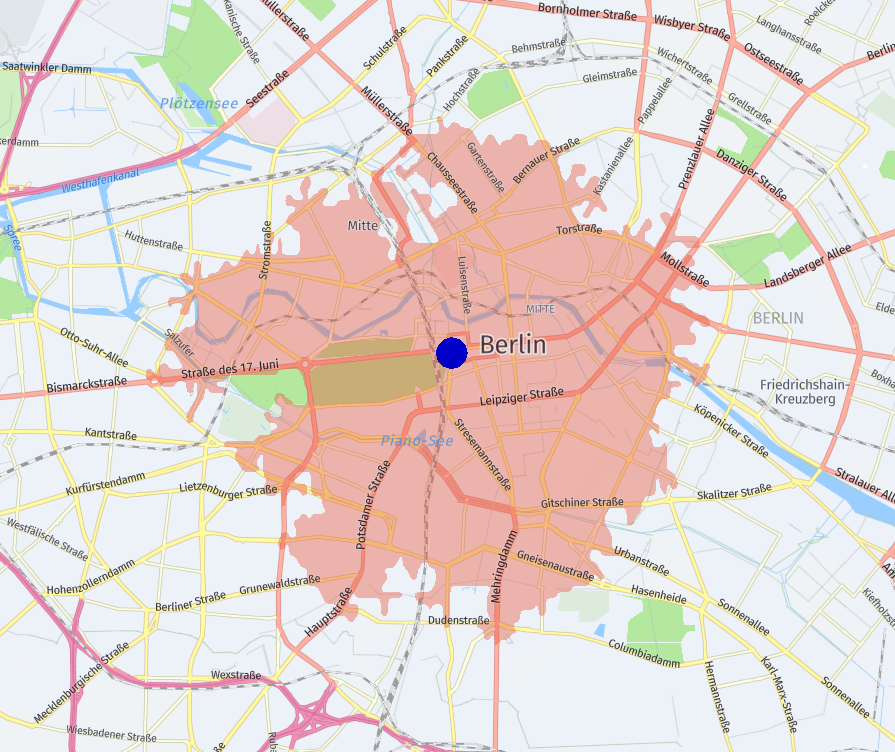 Example isoline representing a travel distance of 4 km from the center of Berlin while driving the fastest possible route