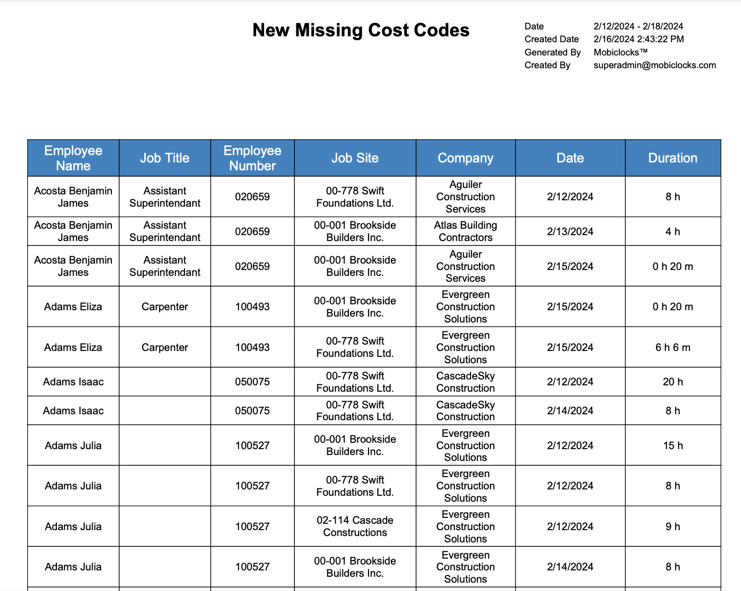 **New MIssing Cost Codes** report example