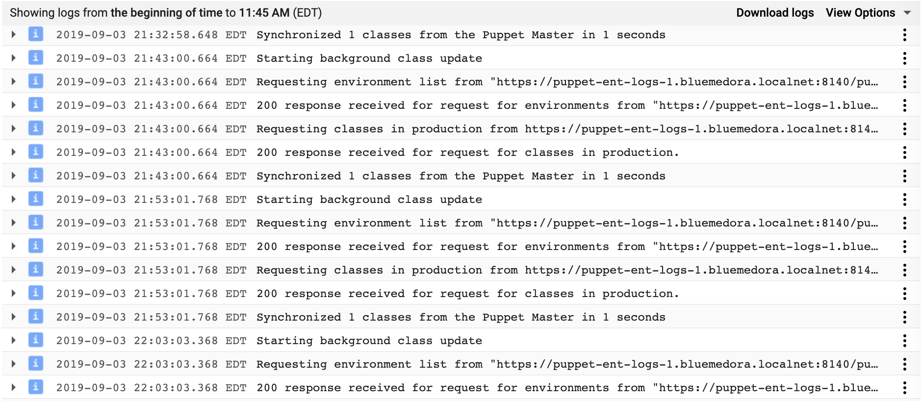 Puppet Console Services logs example