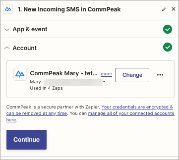 Screenshot of the **New Incoming SMS in CommPeak** event dialog: **Account** step