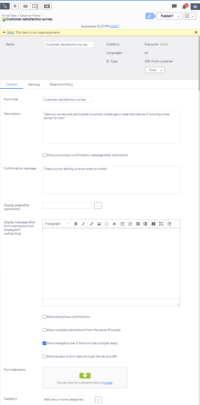 Screenshot of the form container All Properties view where configuring title, description, and navigation bar settings