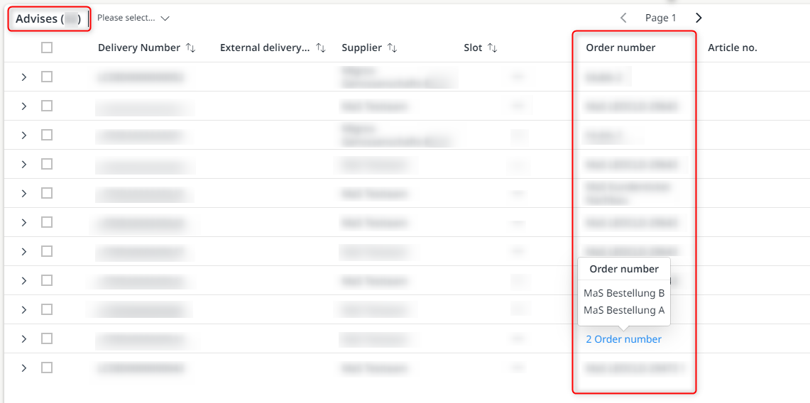 New column ‘Order number’ within the advises worklist
