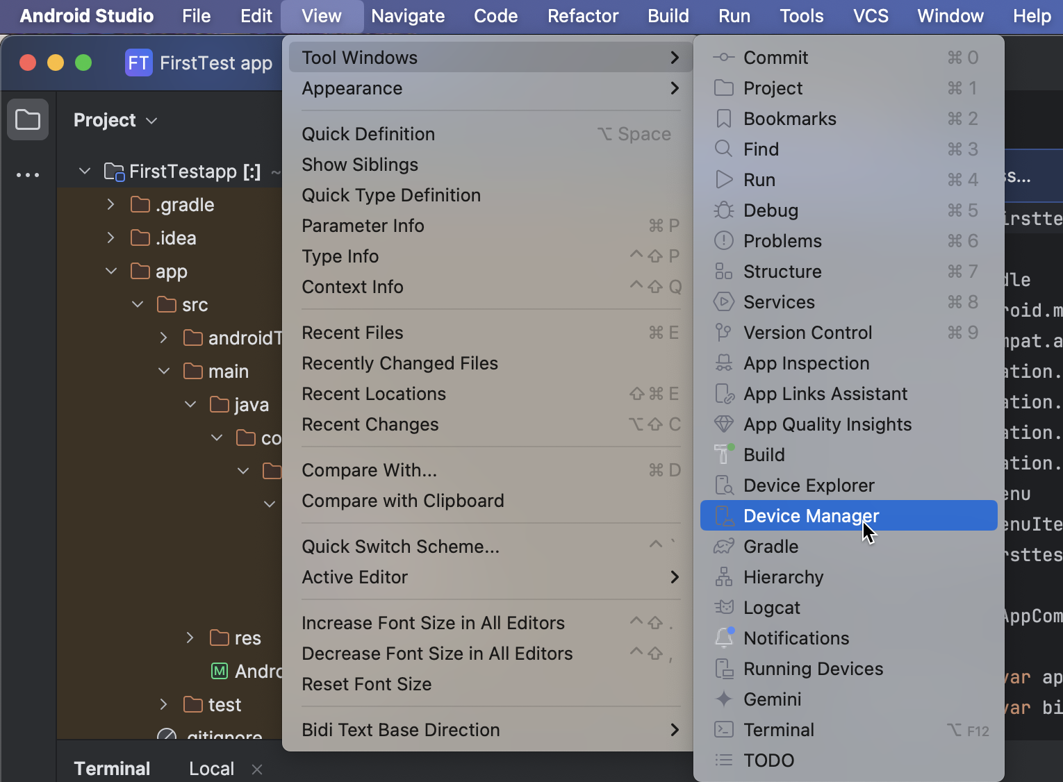 Android Studio: Main menu > View > Tools window > click Device Manager
