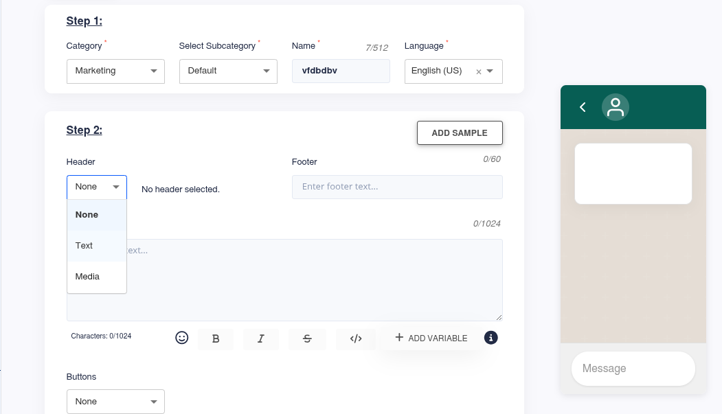 Create WhatsApp Template screen showing header type, header text, footer text, and body fields