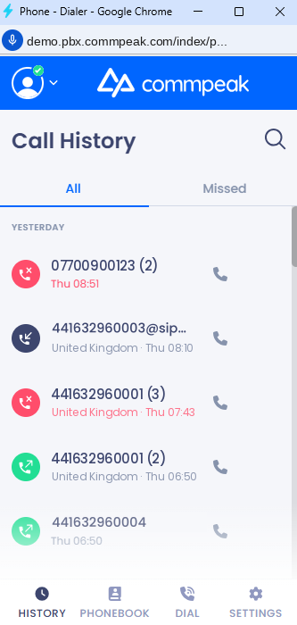 Screenshot of the Call History screen