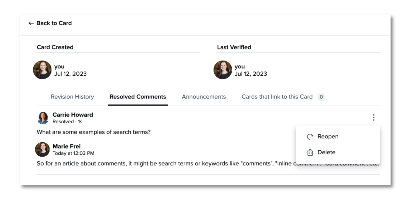 Resolved comments in Card history.png