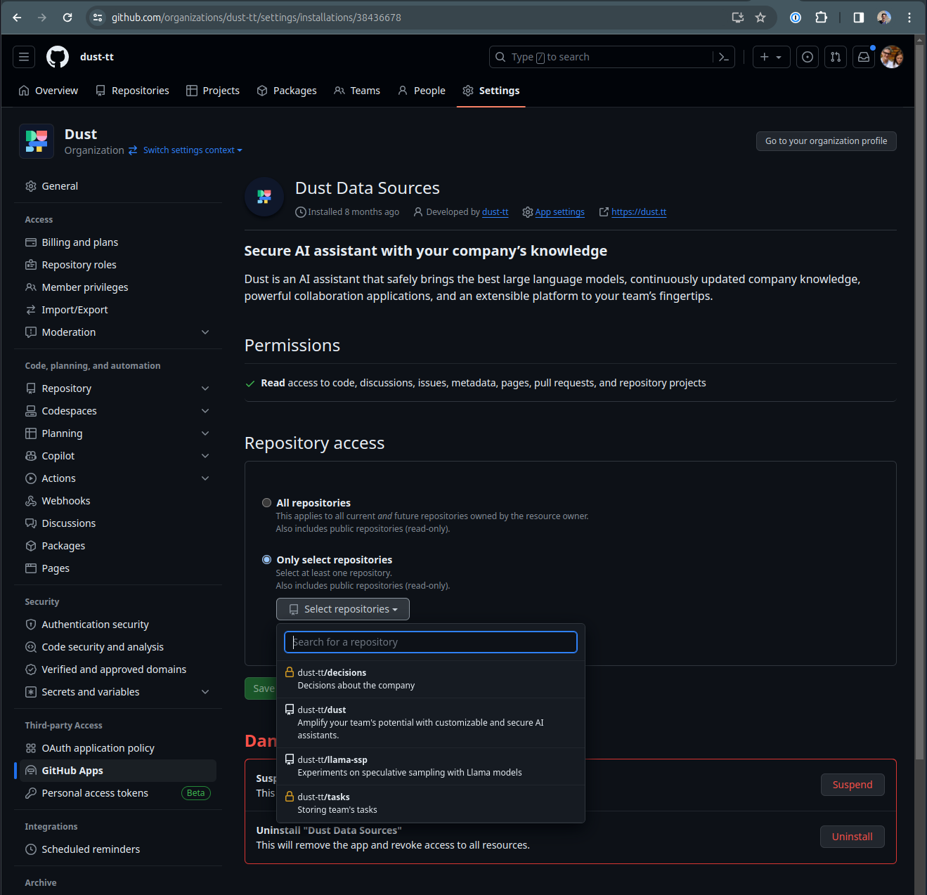 Github redirect: select granular repos you want to sync with your Dust workspace.