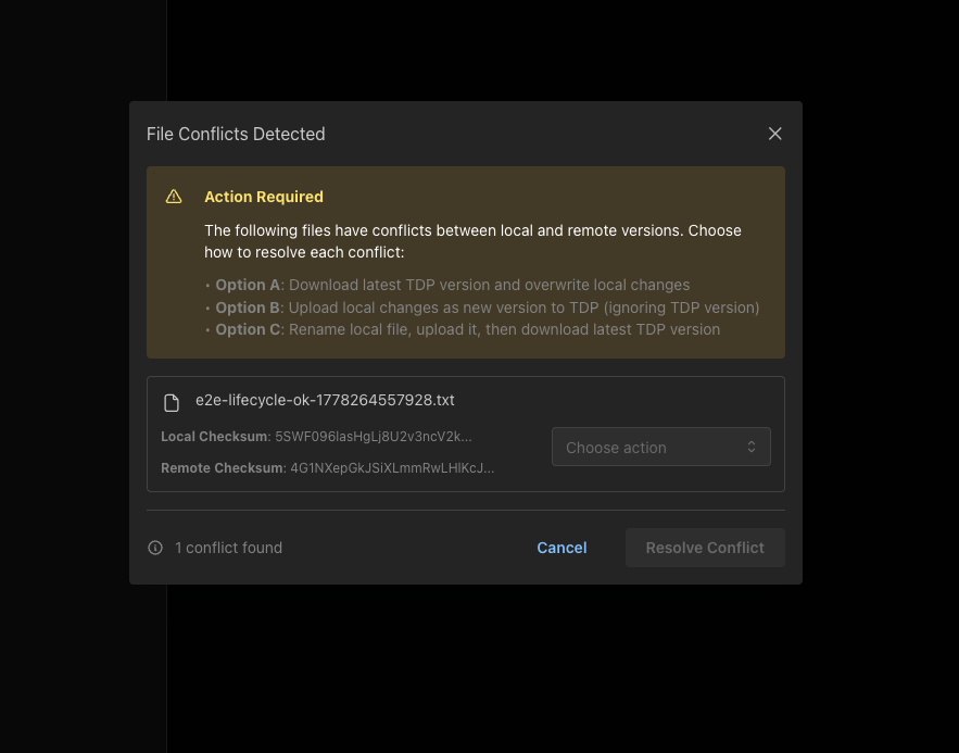 File Conflicts Detected dialog showing a conflicted file with local and remote checksums and the three resolution options