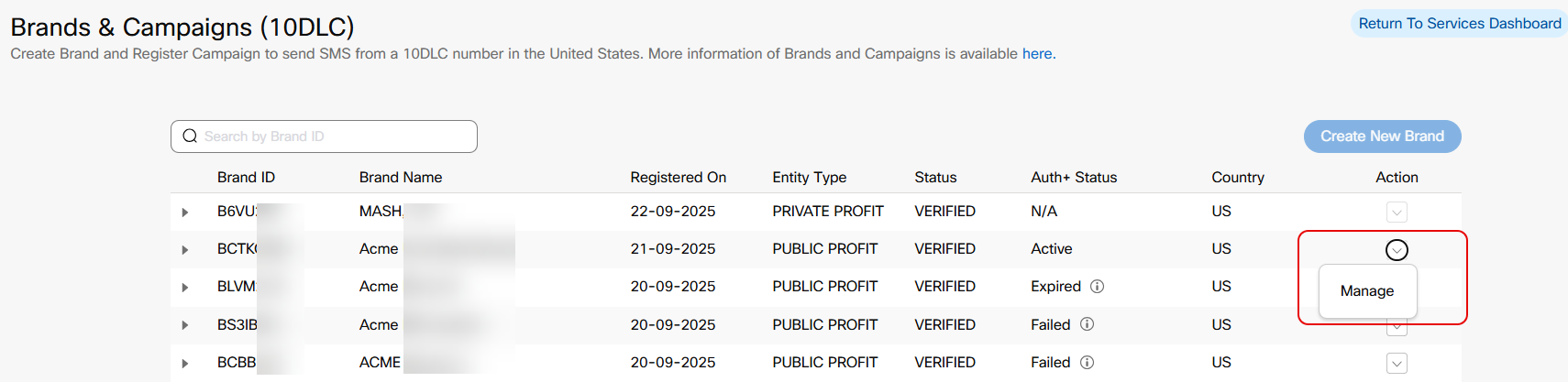 Screenshot to Manage a Brand record on the Brand Listing page.