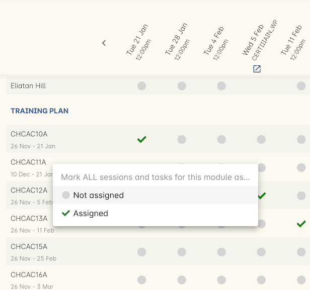 Figure 414. Assign the module (unit of competency) to all sessions and tasks in bulk