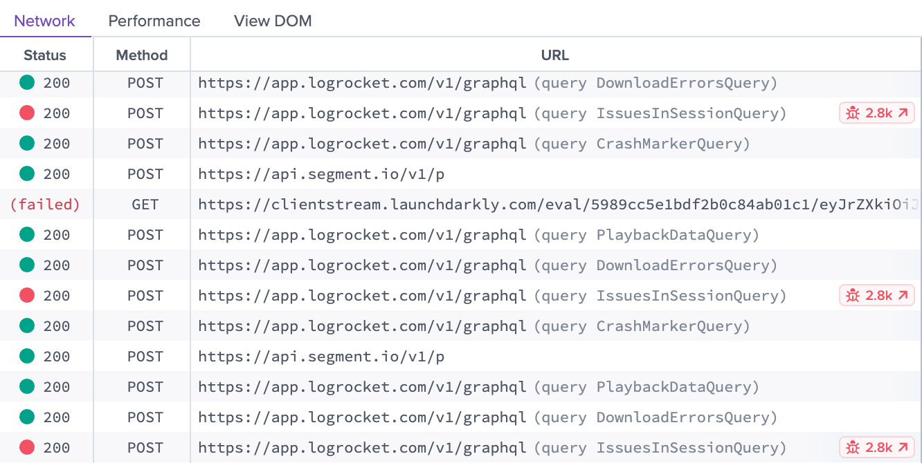 Issue events in the Network pane