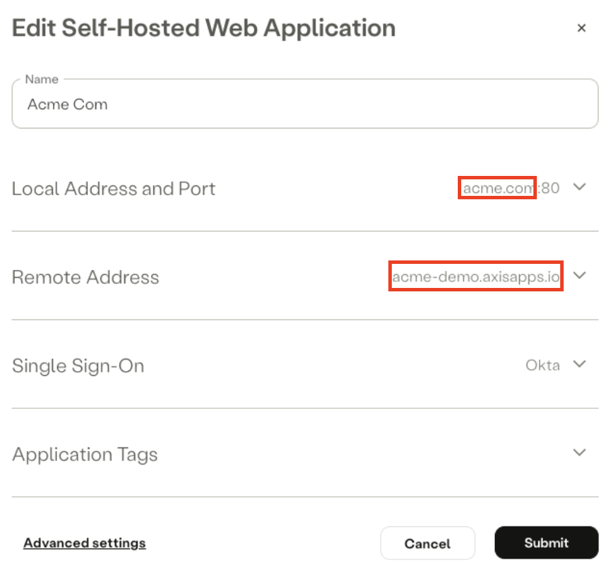 Example - Origin URL is different that exter