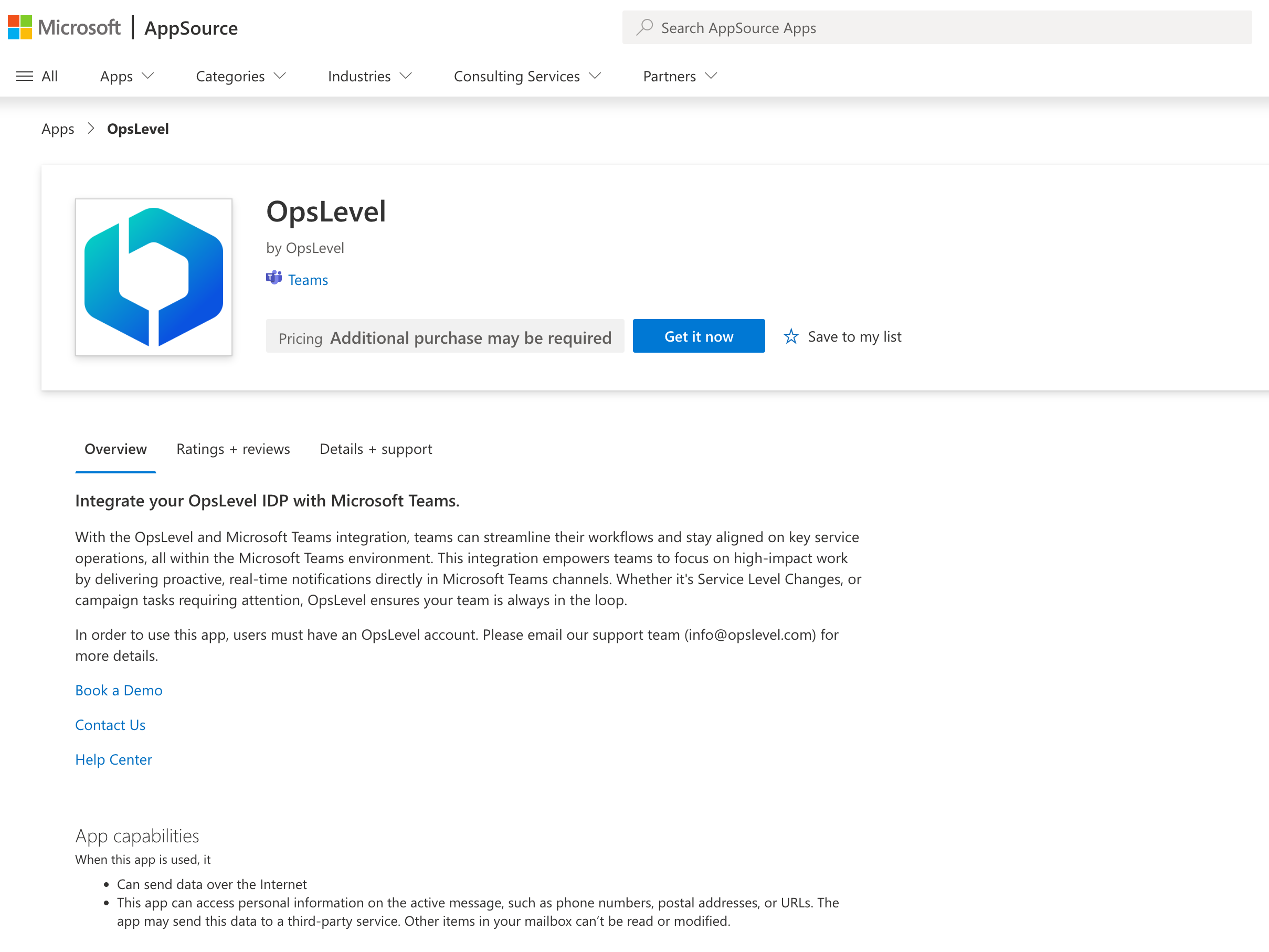 Microsoft AppStore listing for OpsLevel