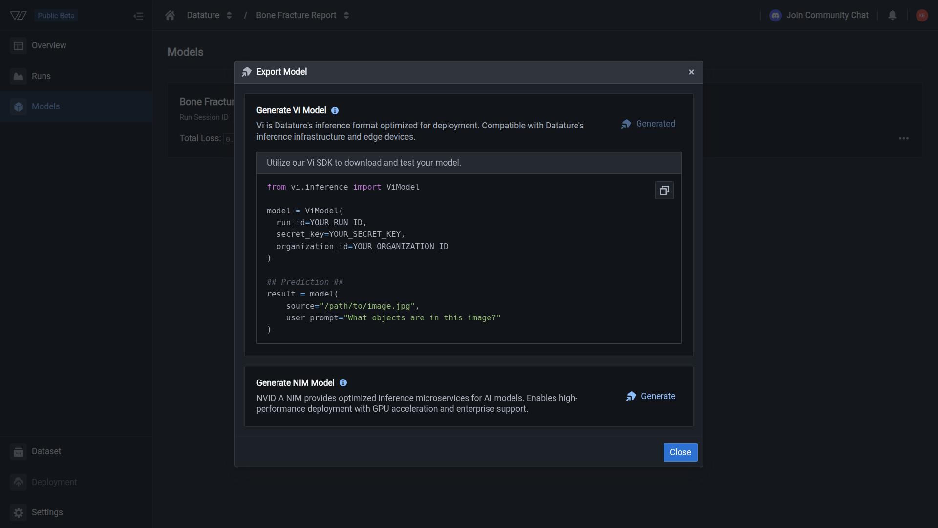 Code snippet showing how to download the model using the Vi SDK