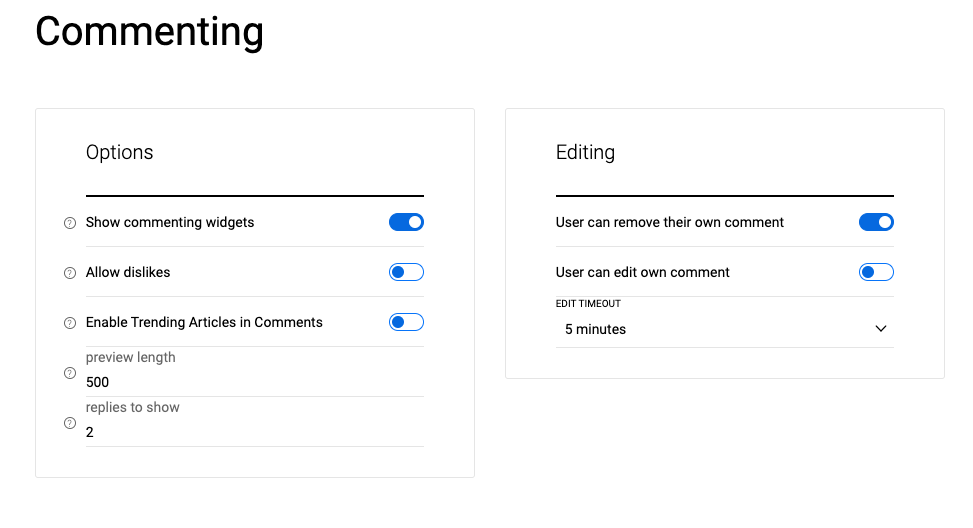 Commenting Admin Settings
