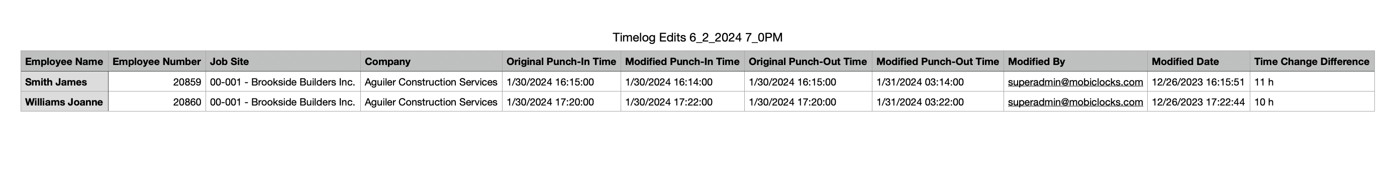 Timelog Edits report example