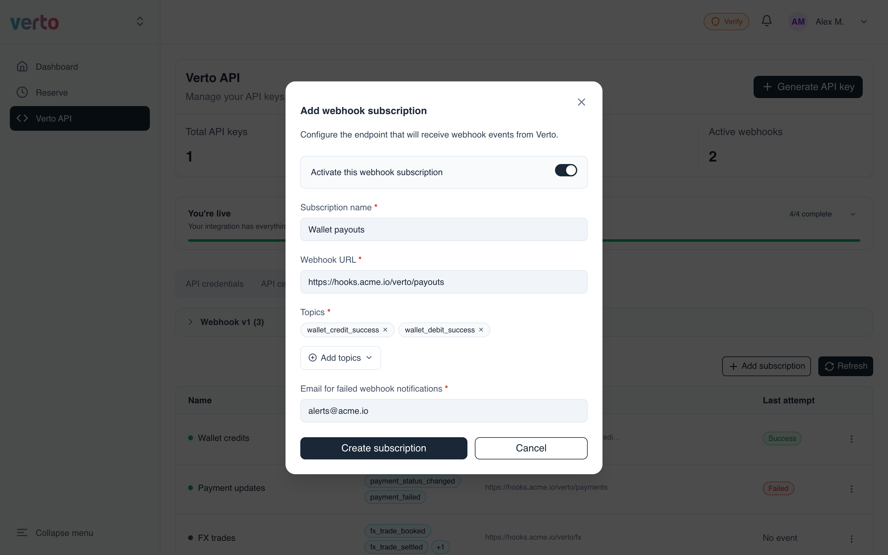 Completed Add webhook subscription form