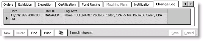 Sample Change Log tab after adjusting data grid