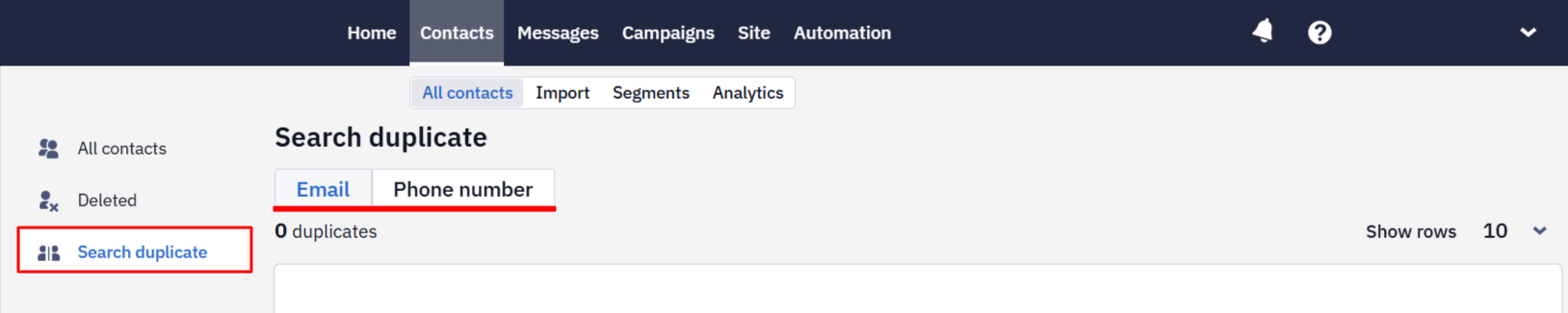 Search duplicates filter with Email and Phone number tabs