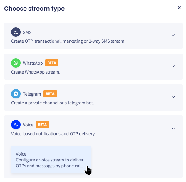 Screenshot of the Voice stream type selection