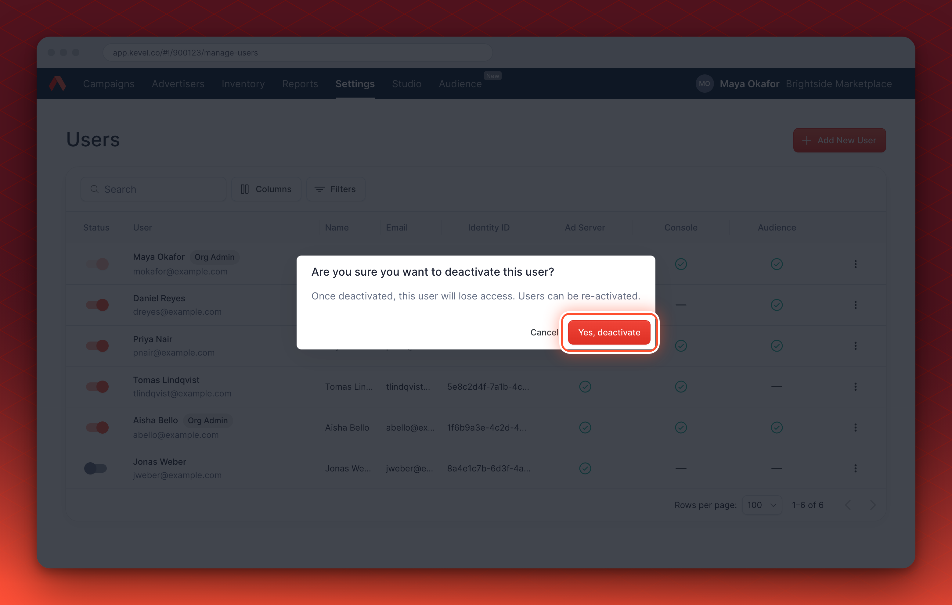 The deactivation dialog asking whether you are sure you want to deactivate the user, with the Yes, deactivate button circled.