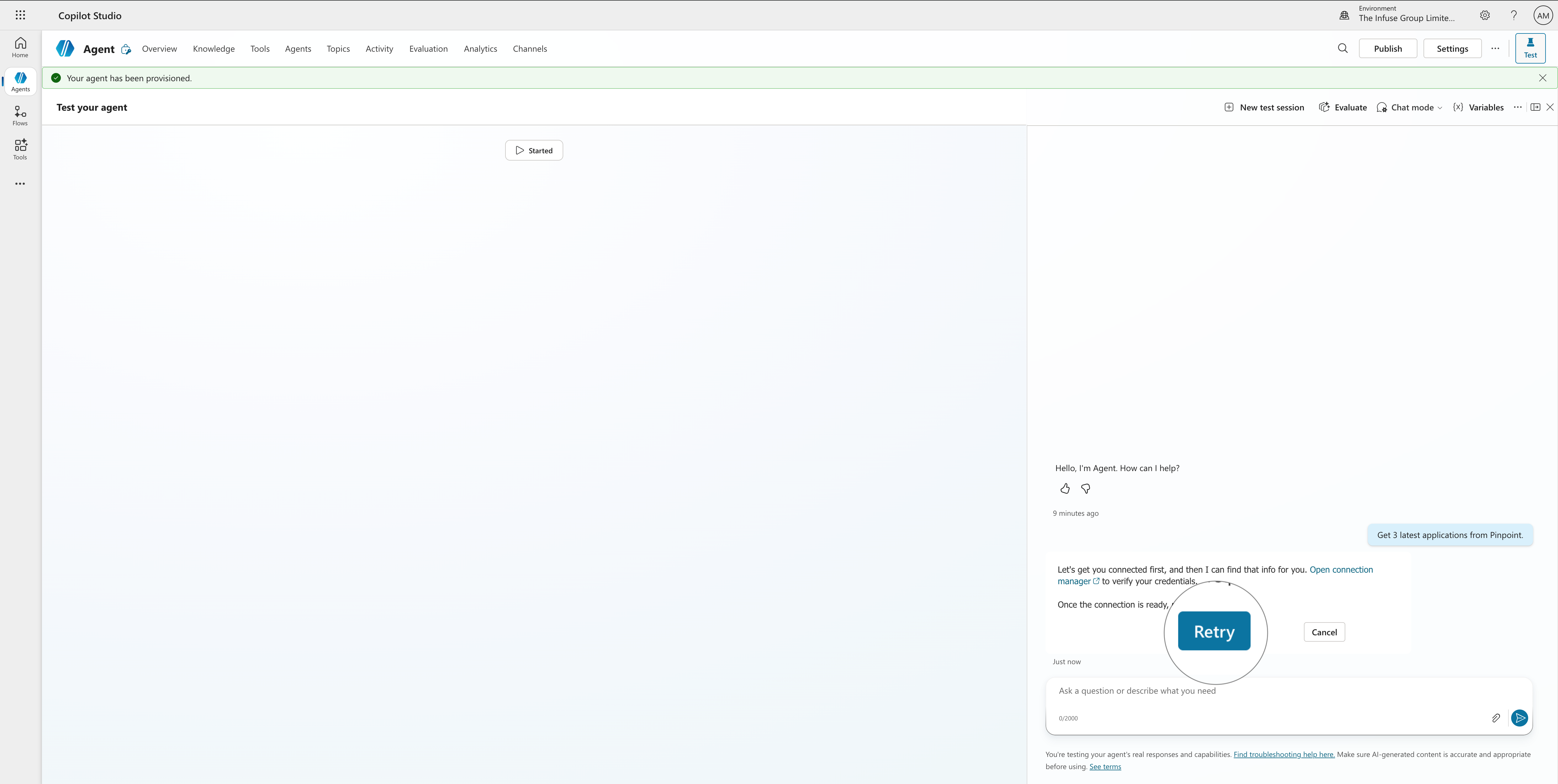 Step 14 – Agent panel showing Retry button