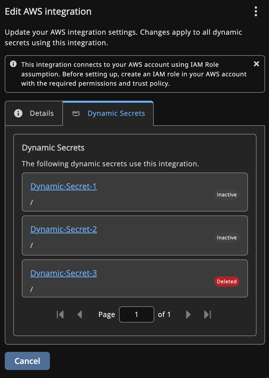 Edit AWS integration Dynamic Secrets tab listing three dynamic secrets with Inactive and Deleted statuses.