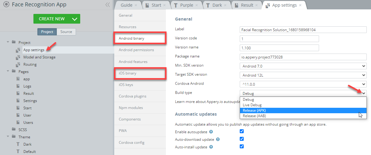 Selecting iOS binary build type