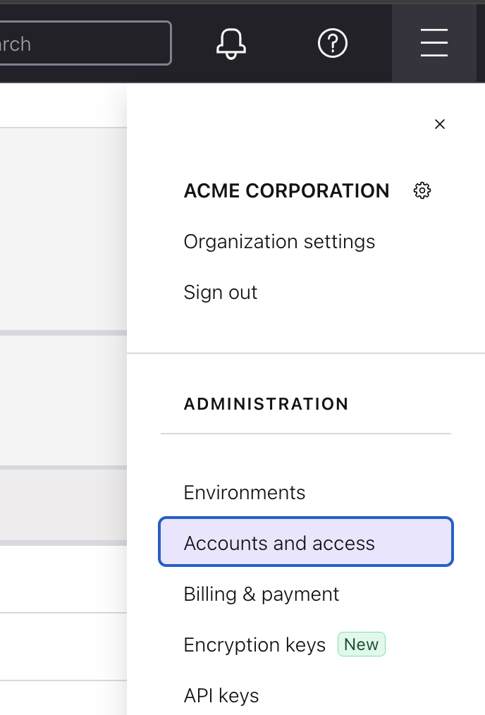 The "Accounts and access" link is shown in the top right menu in Confluent.