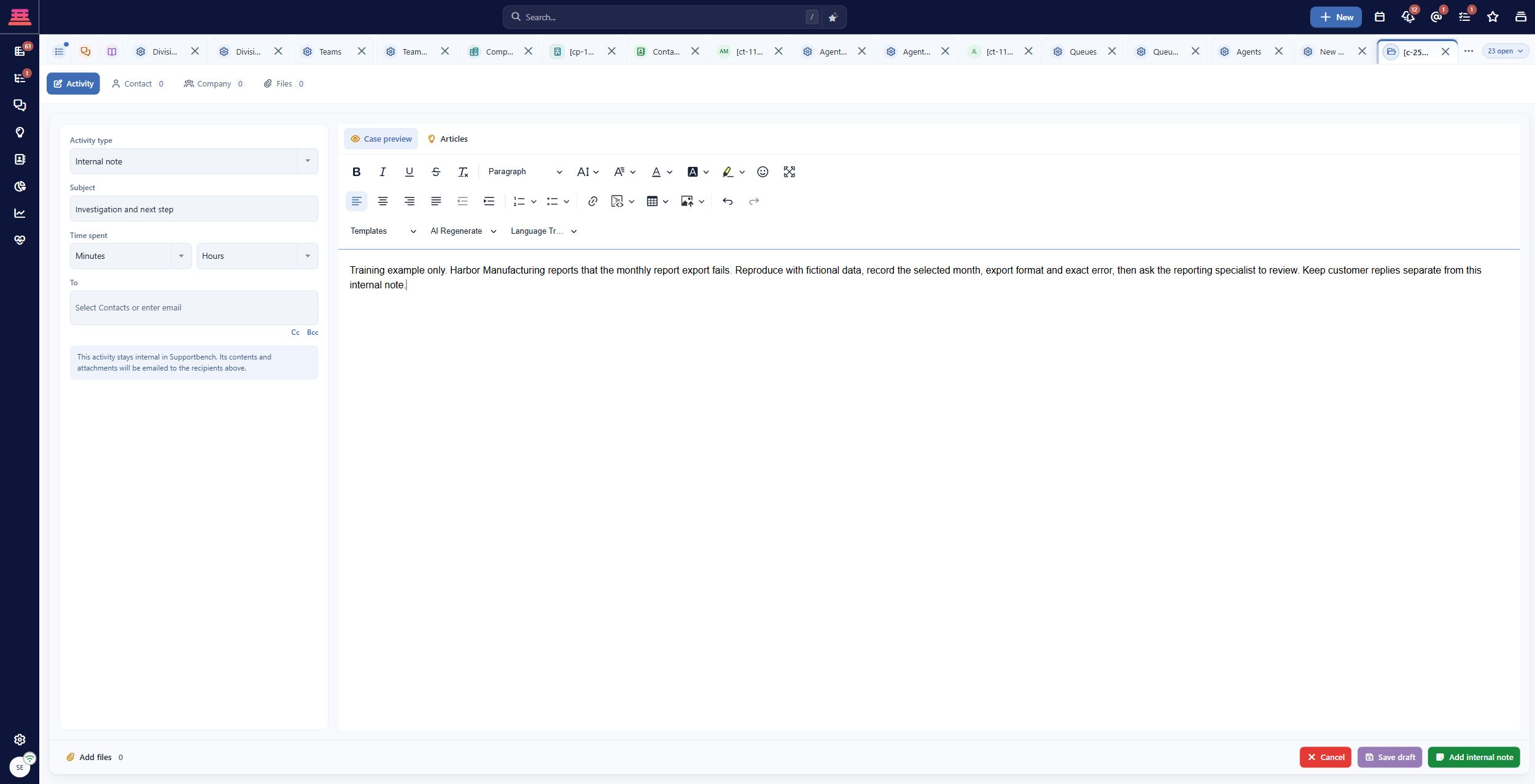 Unsaved internal investigation note with no email recipients. Confirm the audience and recipients before adding a note.
