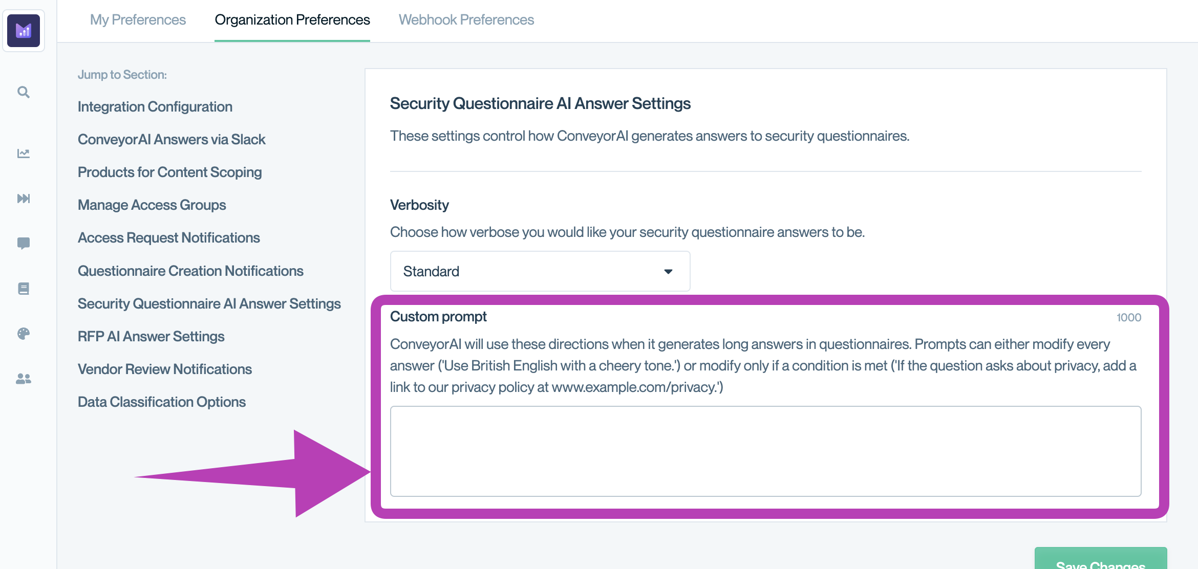 Admins can provide custom instructions (custom prompt) for Security Questionnaires and RFPs via Organization Preferences