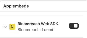 App embeds panel showing search field and Web SDK with toggle switch, plus "Find apps built for themes on the Shopify App Store" link below