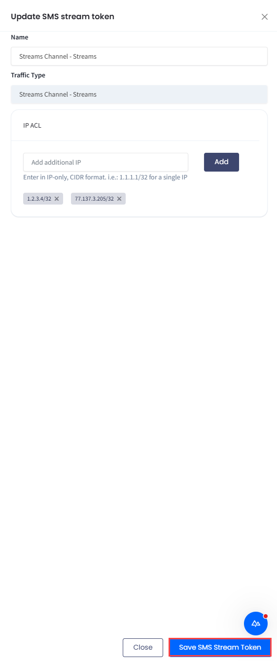 Screenshot of the **Edit SMS Stream Token** section