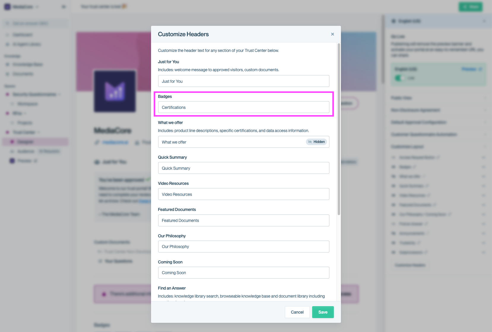 Screenshot of the “Customize Headers” modal in the Conveyor Trust Center Designer. The “Badges” header field is highlighted and renamed to “Certifications.”