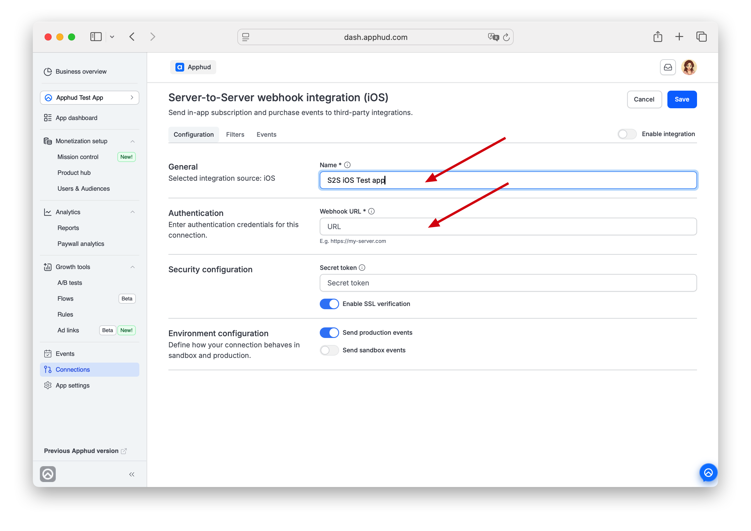 Apphud - Server-to-server Webhook URL field