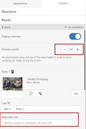 How to set the preview width and add alternate text