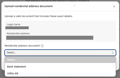 Select the document type from the **Residential address document** dropdown list