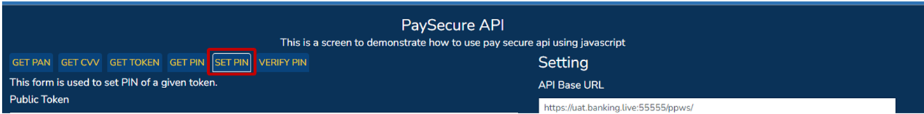 PaySecure API screen: selecting SET PIN 