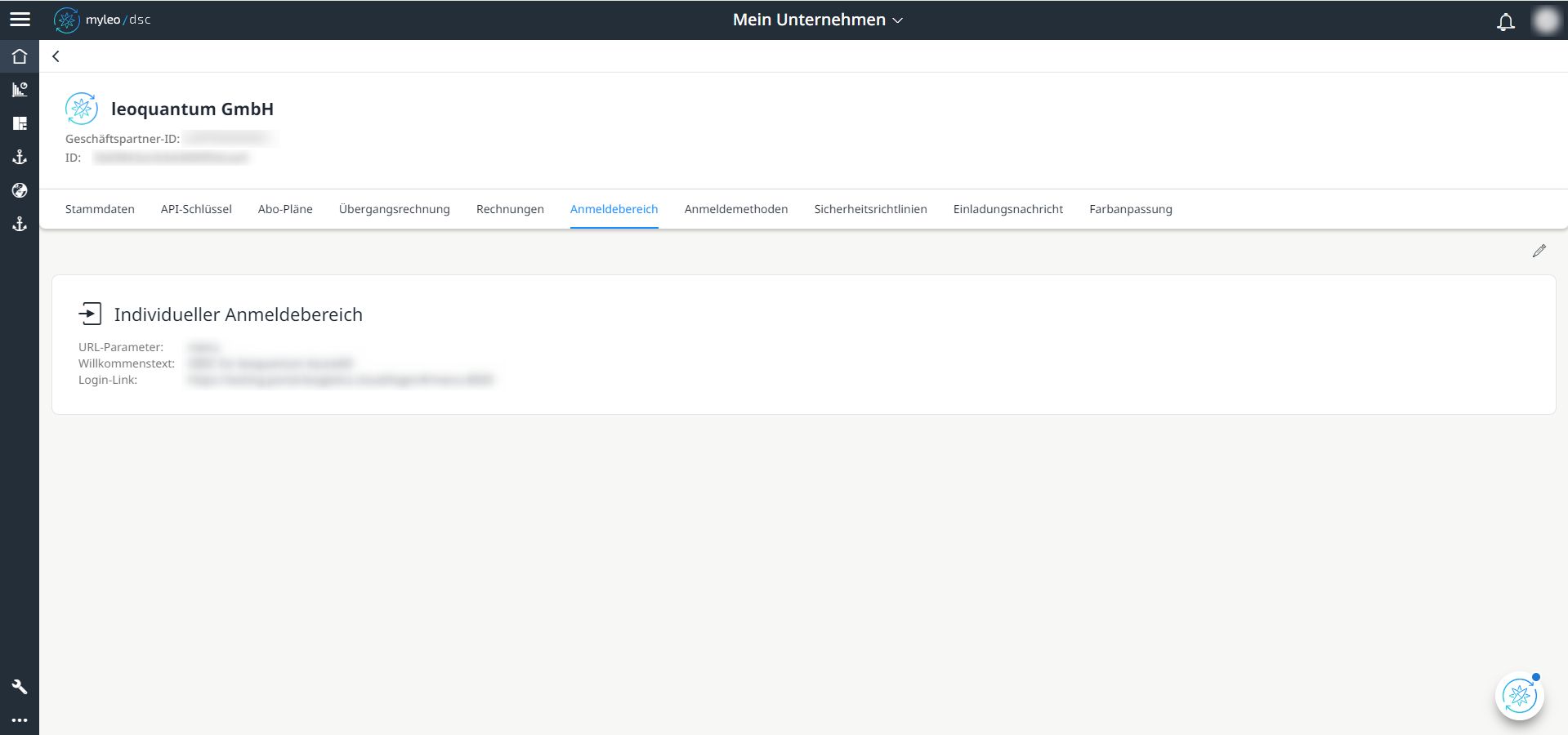 Mein Unternehmen - Tab"Anmeldebereich"