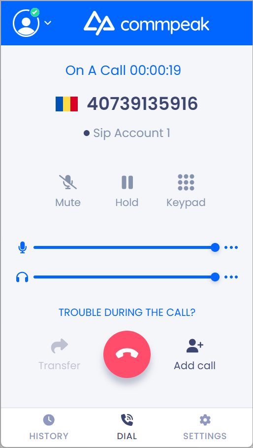 Screenshot of manual call in a softphone