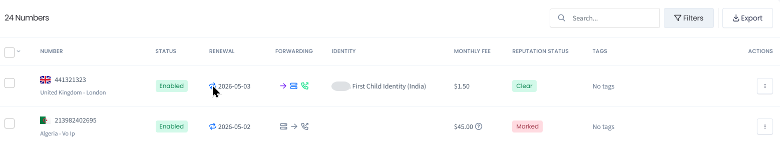 Screenshot with Auto-Renew applied to the DID number