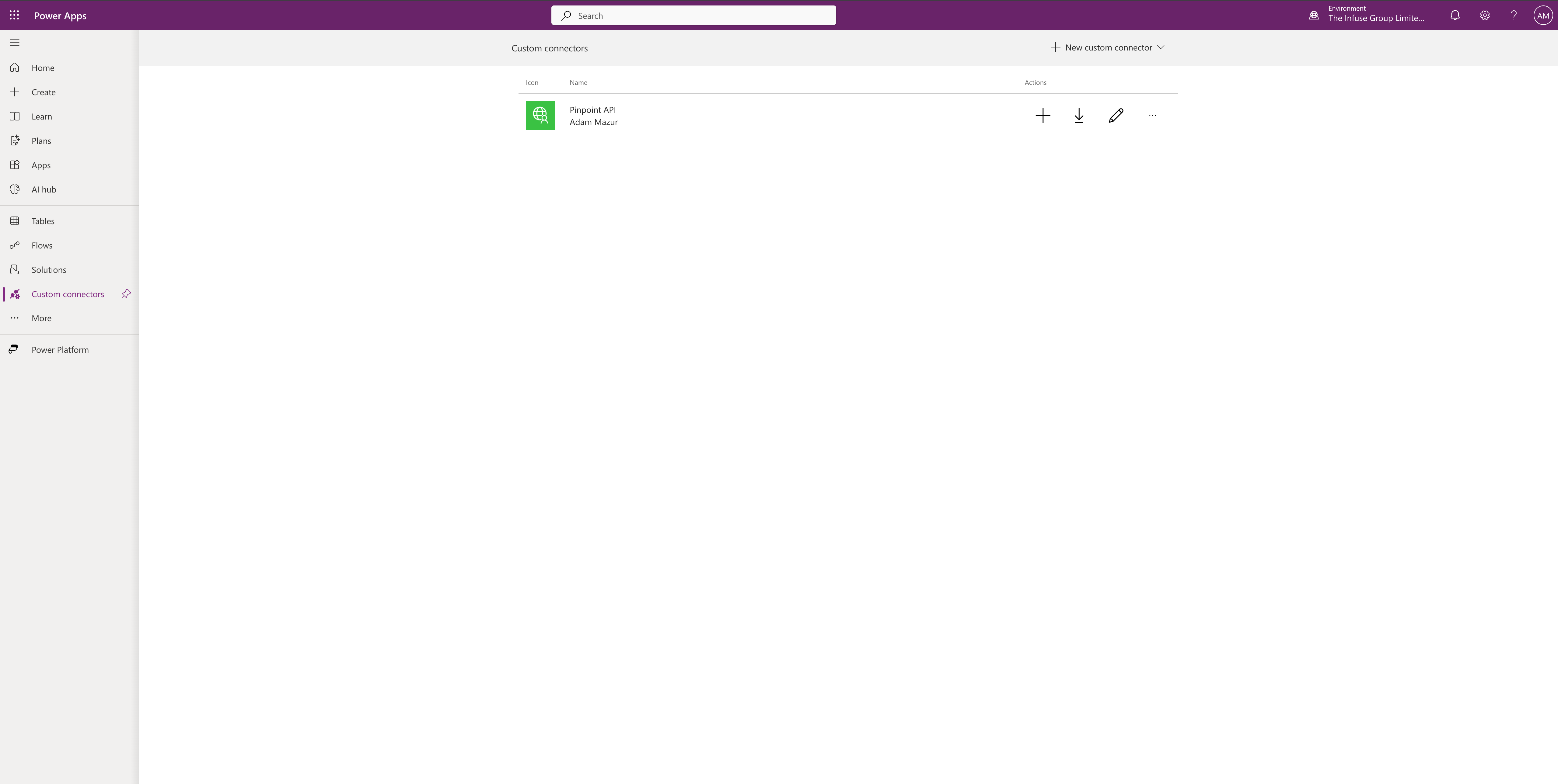 Step 6 – Custom connectors list showing Pinpoint API