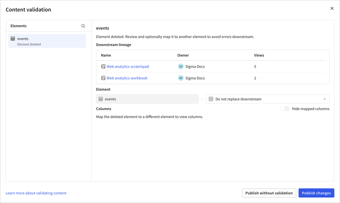 Content validation modal showing an events table that has been deleted, mapped to Do not replace downstream. The downstream lineage showing a Web analytics scratchpad and a Web analytics workbook as affected documents.