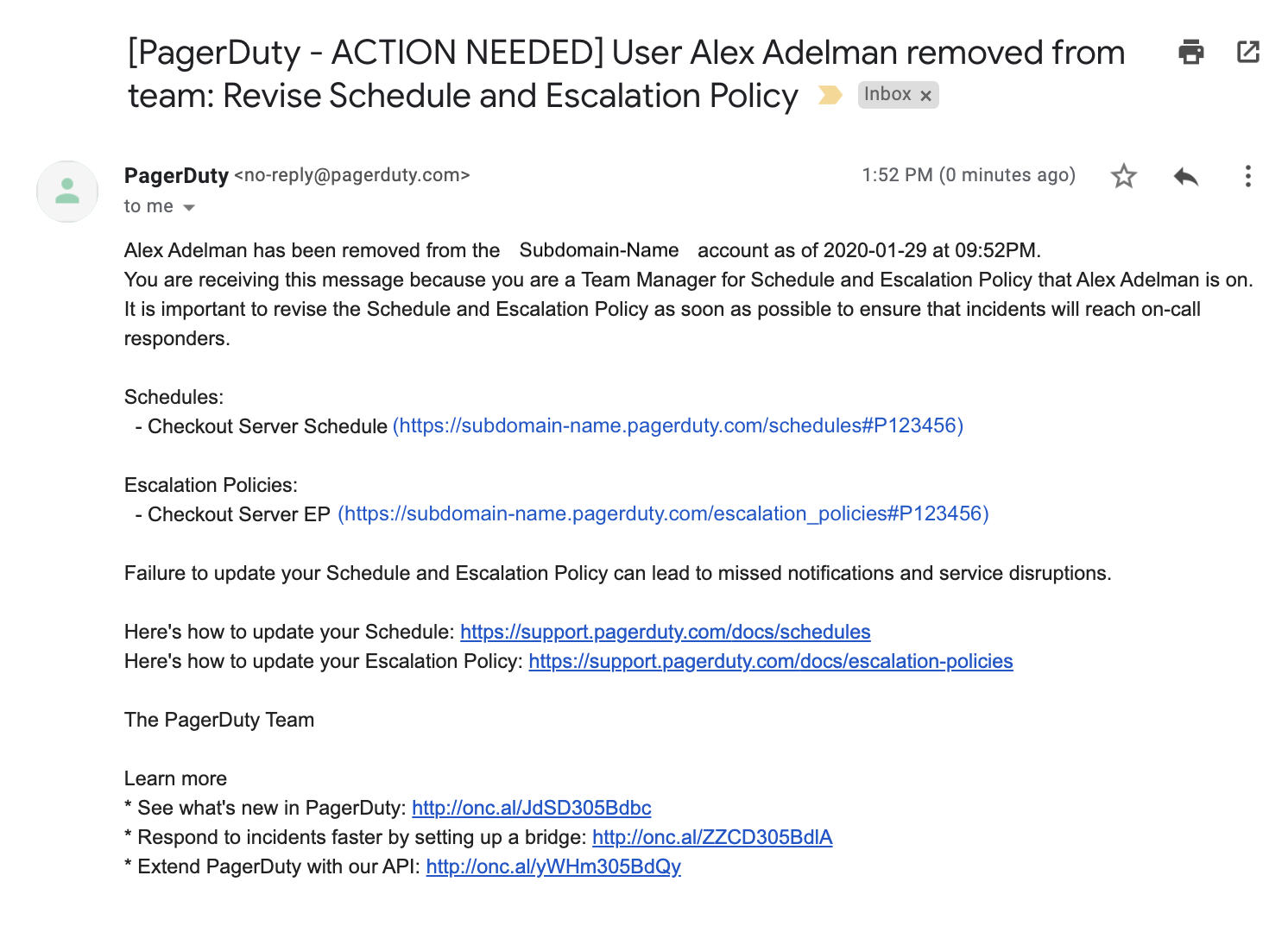 Email notification that a user was removed