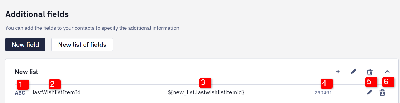 List of additional fields showing field type, name, variable, ID, and action buttons