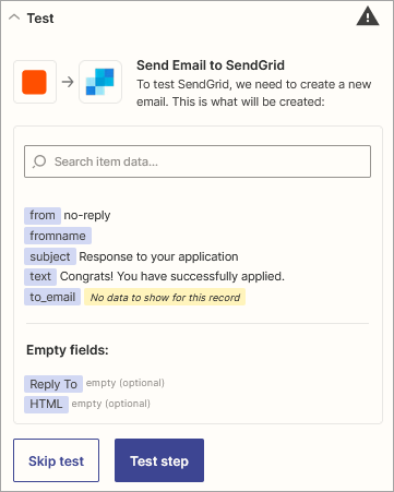 Screenshot of the **Send Email in SendGrid** event testing